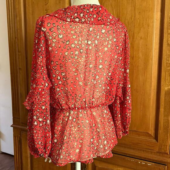 Zara RED animal print WRAP blouse V neck tie close sheer ruffle size M medium - Picture 11 of 15